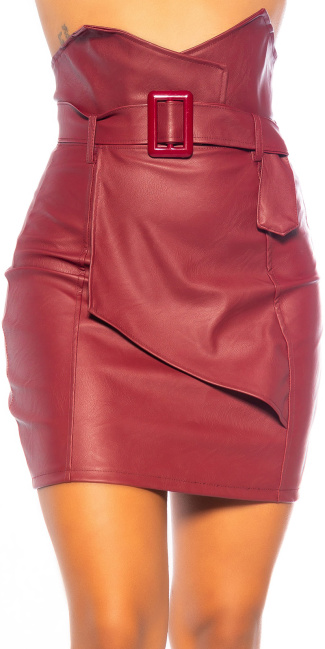 high waist miniskirt leather look with belt Bordeaux